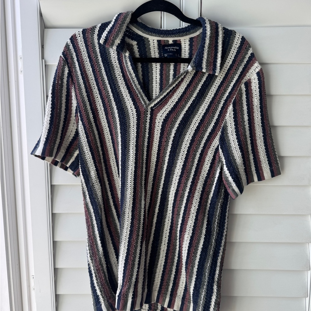 Abercrombie Men’s Striped Knit / Crochet Polo Shirt Small - Picture 4 of 5